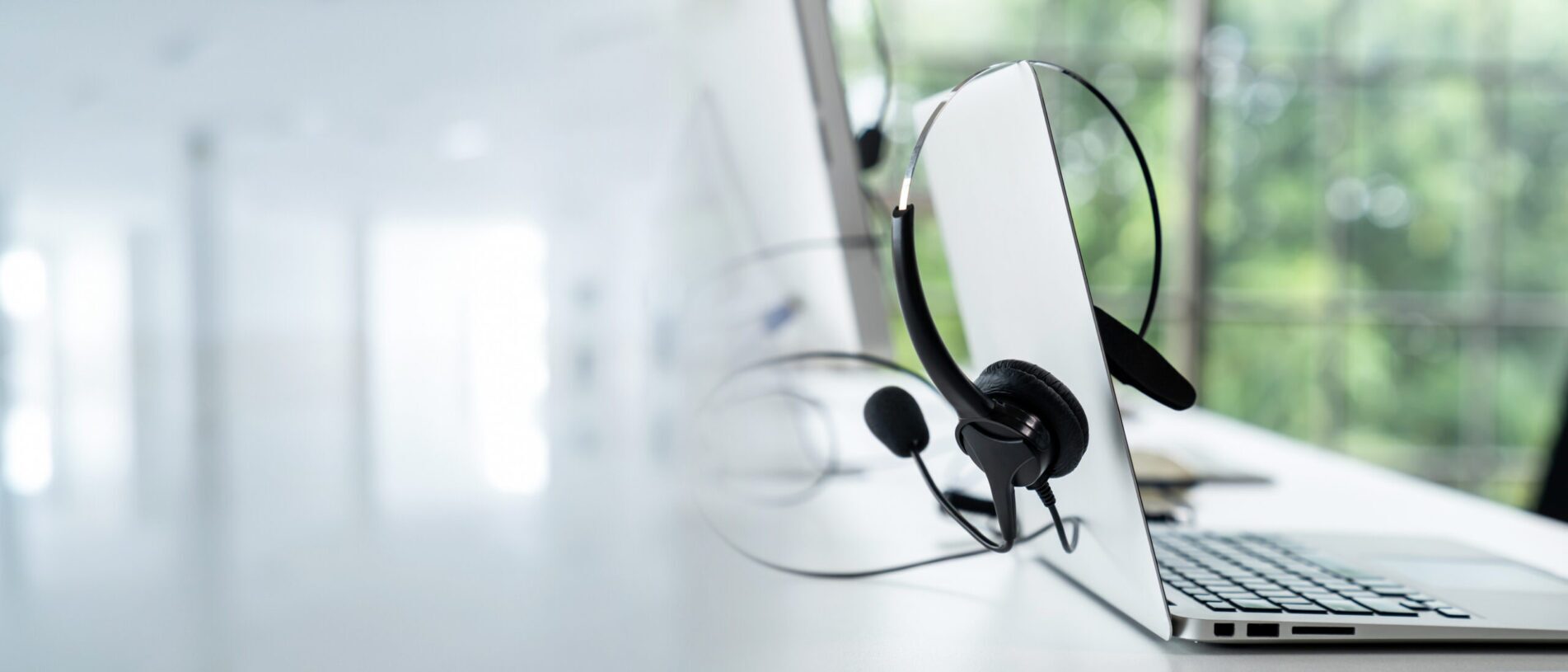 Headset and customer support equipment at call center ready for actively service