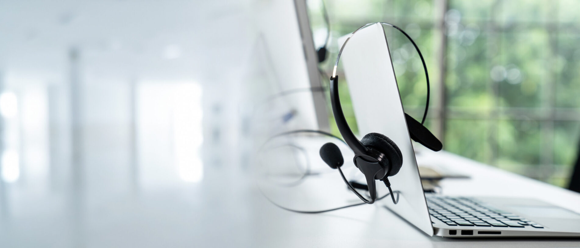 Headset and customer support equipment at call center ready for actively service
